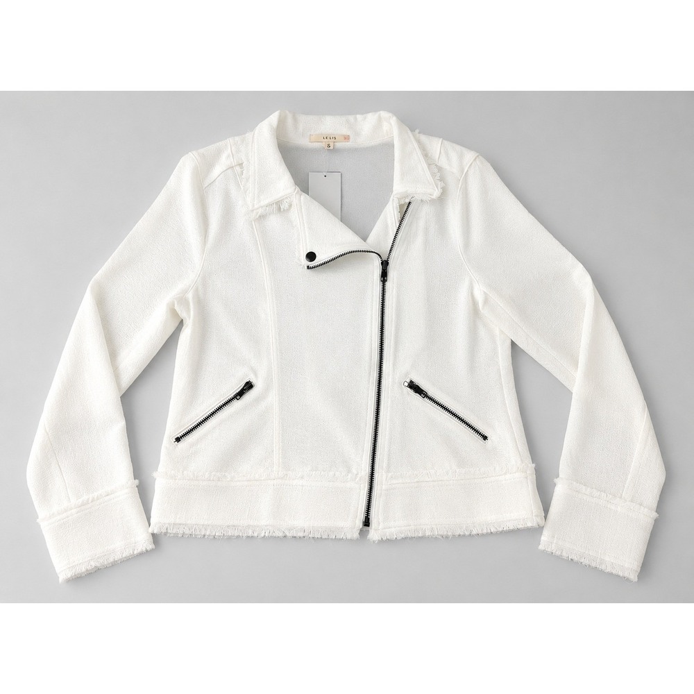 Le Lis Moto Jacket XL Ivory Textured Frayed Trim Zip Front Lightweight Layering - Picture 3 of 10
